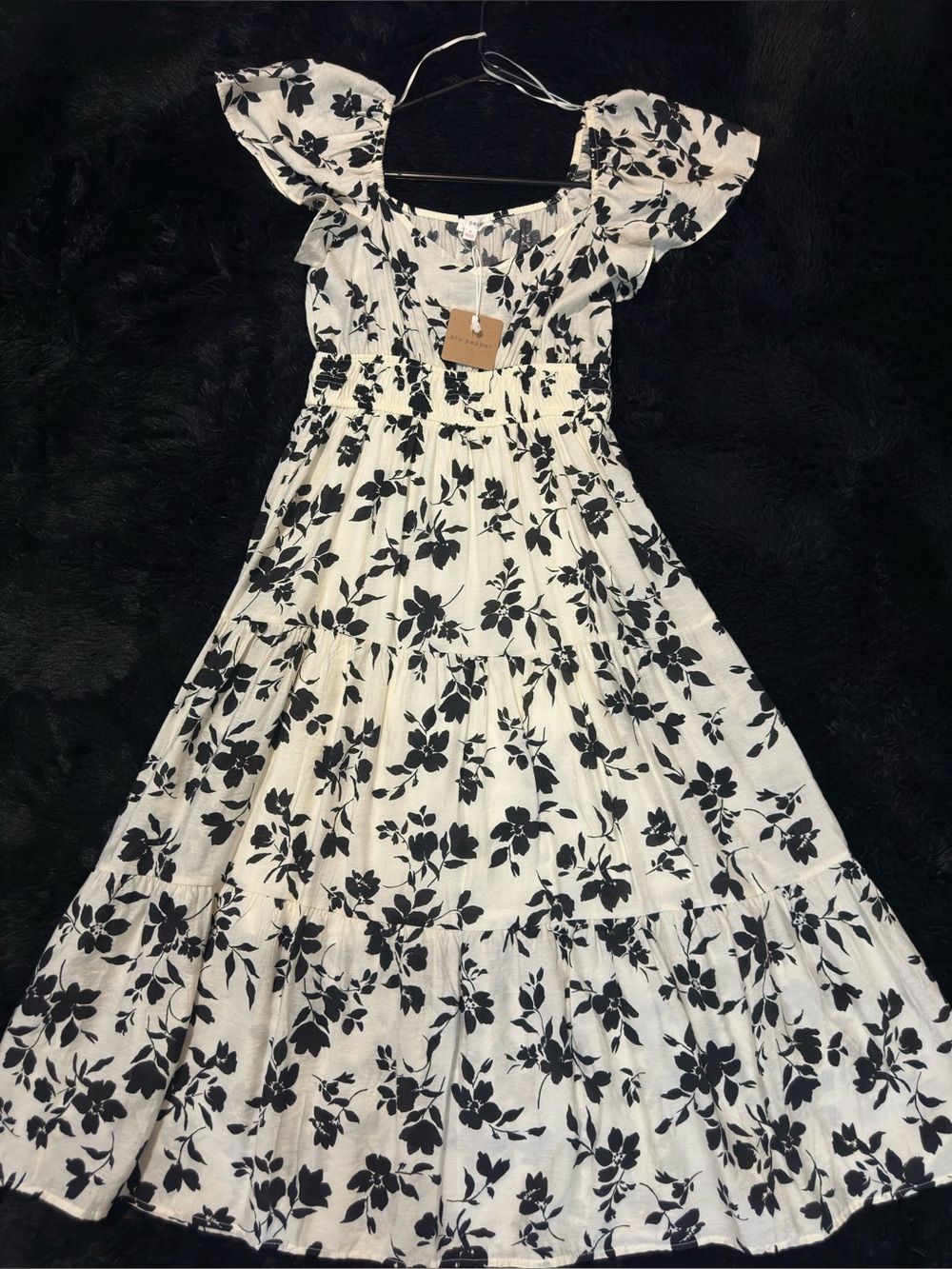Blu pepper White Floral Tiered Maxi Dress with Black Print